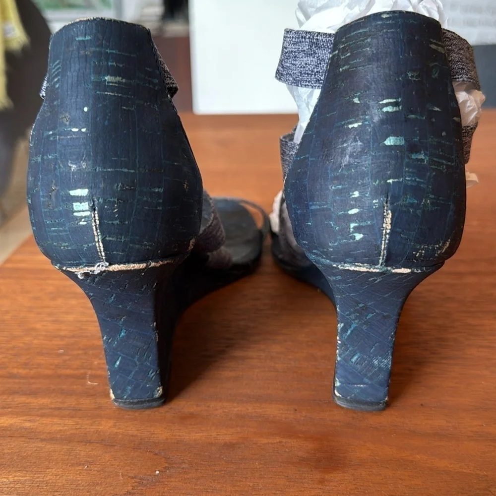Manolo Blahnik “Glassa” Crisscross Denim Wedge Sandals in Blue, Size 10